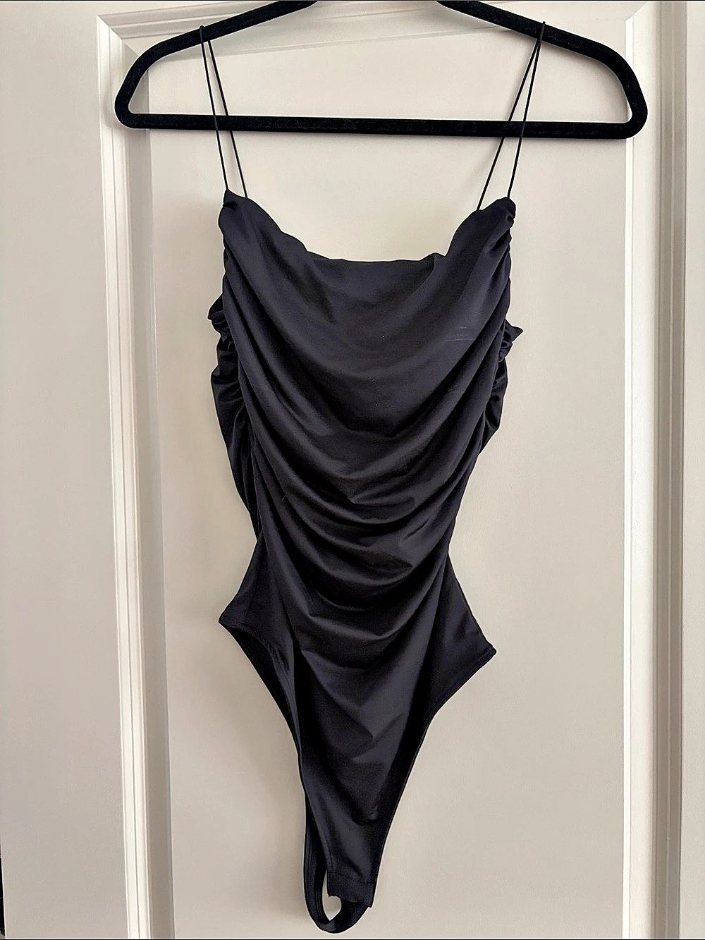 H&M Ruched Spaghetti-Strap Bodysuit Ruched One Piece Black Size Medium